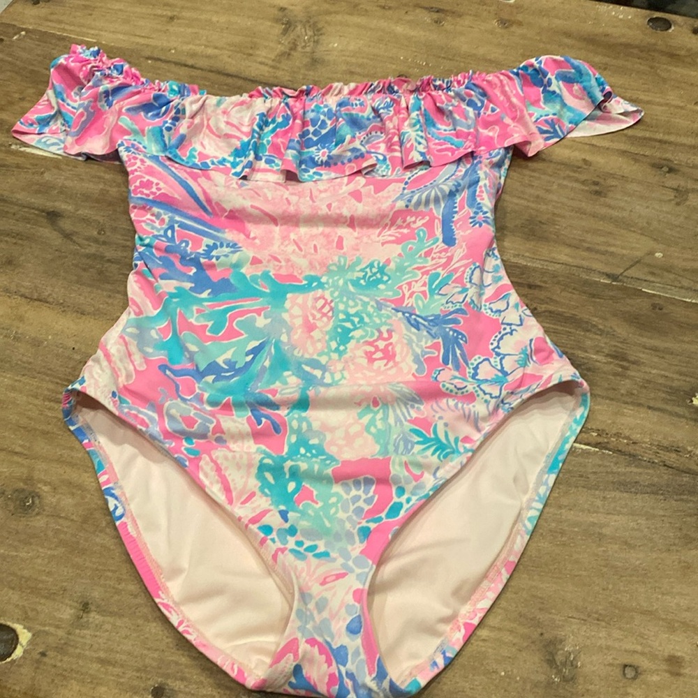 Lilly Pulitzer off or on the shoulder one piece swimsuit. Small